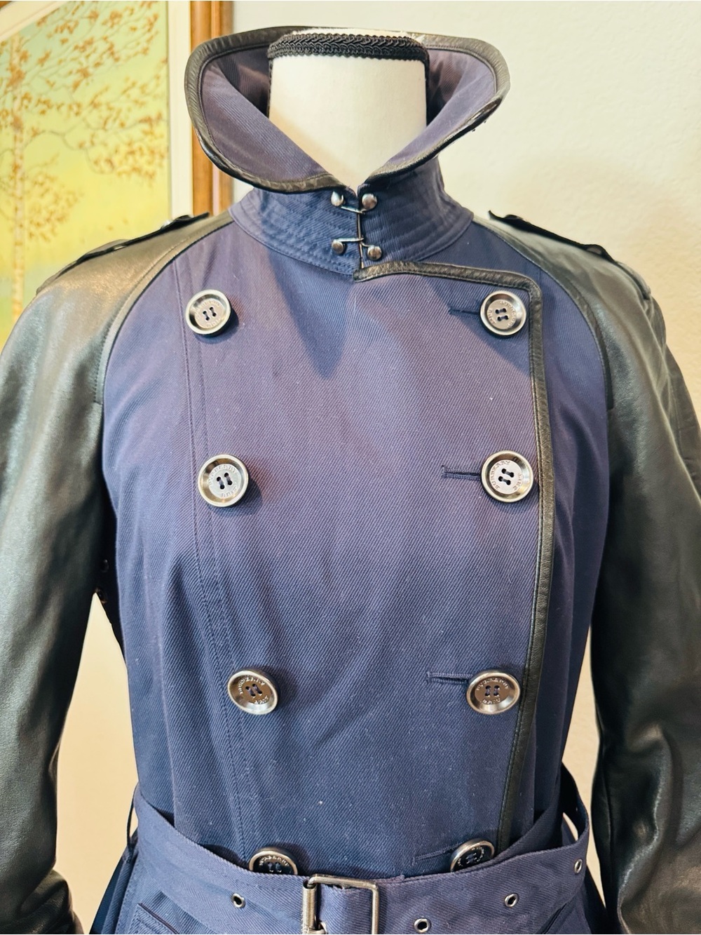 Authentic Burberry Navy Trench Coat with Black Leather Sleeves - Picture 3 of 16